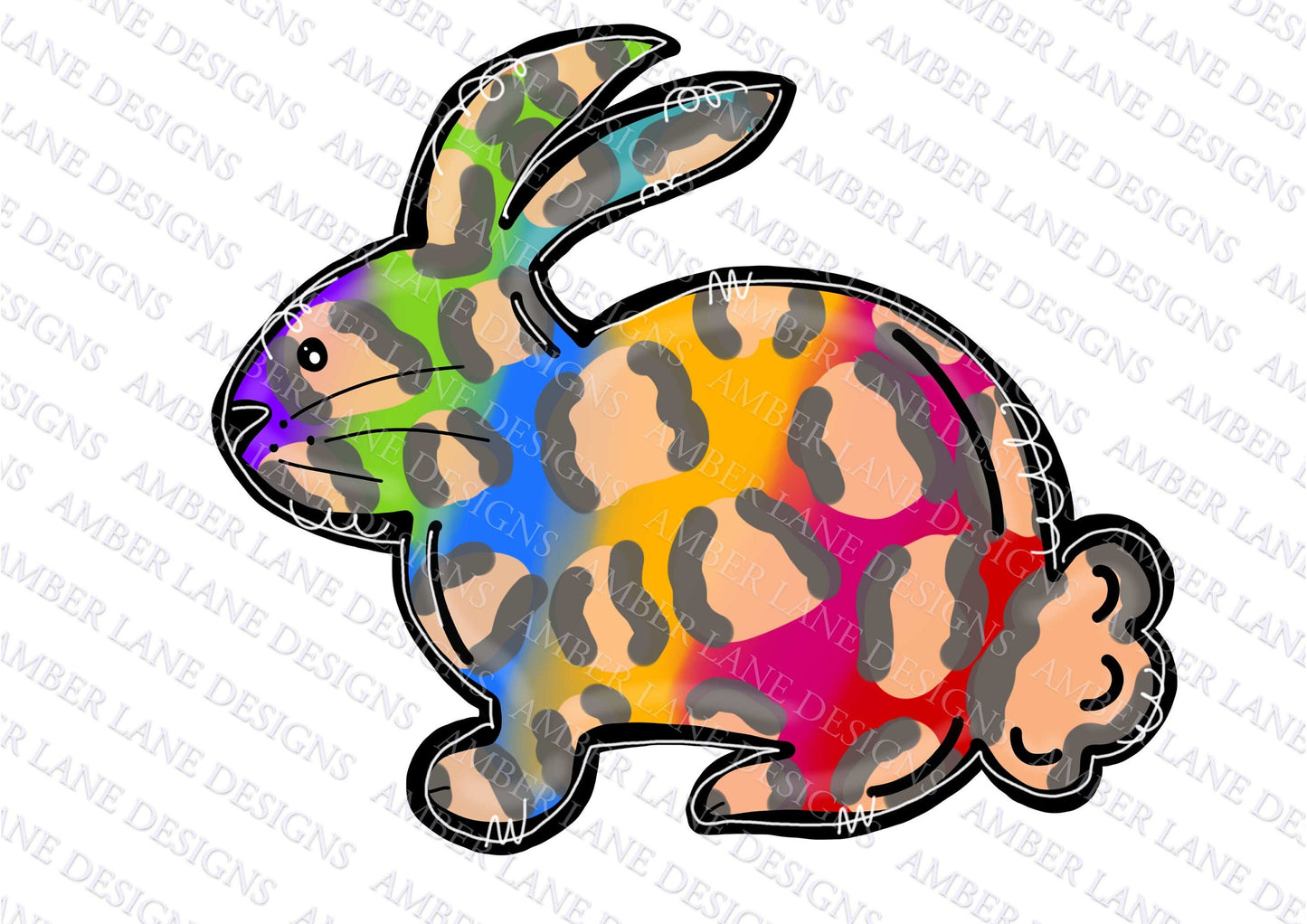Rainbow Leopard Doodle Easter Bunny PNG Digital File.