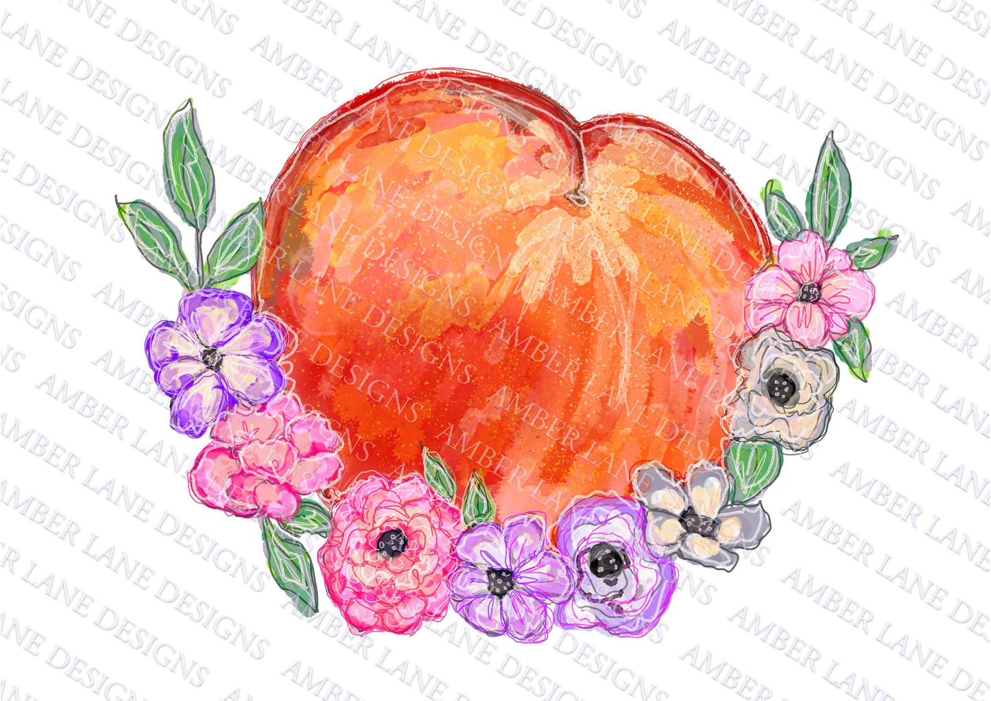 Peach with flowers png file, hand drawn watercolor art, still life, Georgia peach