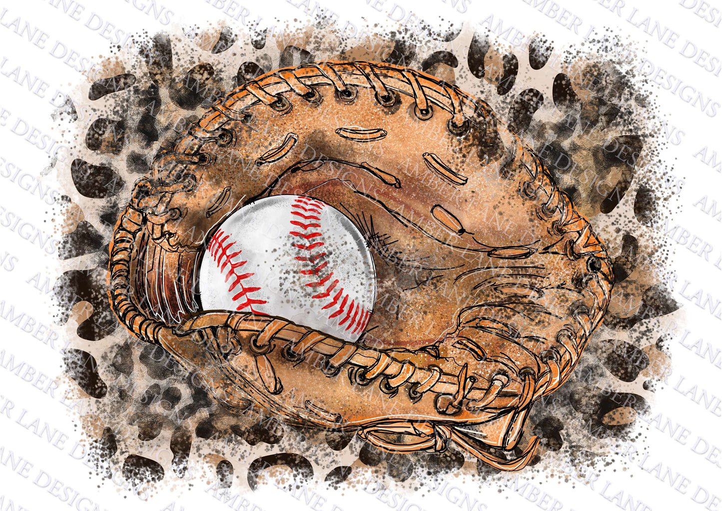 Baseball Catchers Glove and Ball on Leopard background png file Sublimation Design (flattened Image)