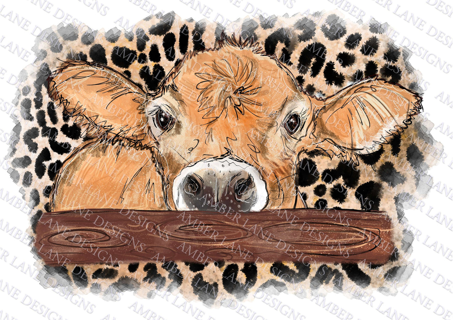 Brown Jersey peek-a-boo cow, with leopard, Hand Drawn watercolor, Sublimation PNG. tumbler wrap