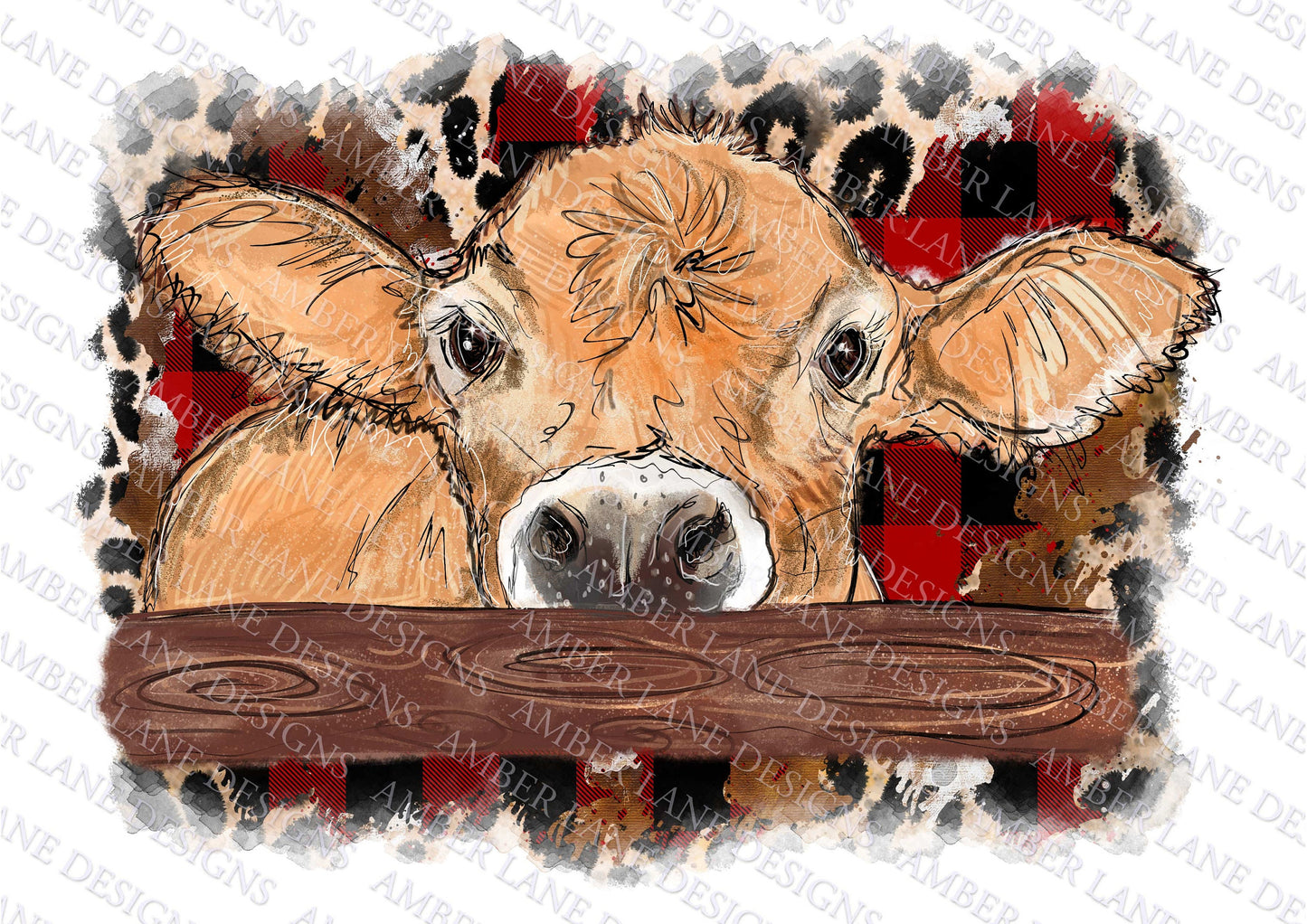 Brown Jersey peek-a-boo cow, with buffalo plaid leopard and cowhide, Hand Drawn watercolor, Sublimation PNG. tumbler wrap