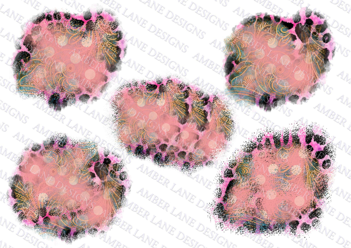 Pink Leopard, polka dot and turquoise tooled leather patches for T-shirts, 5 png files