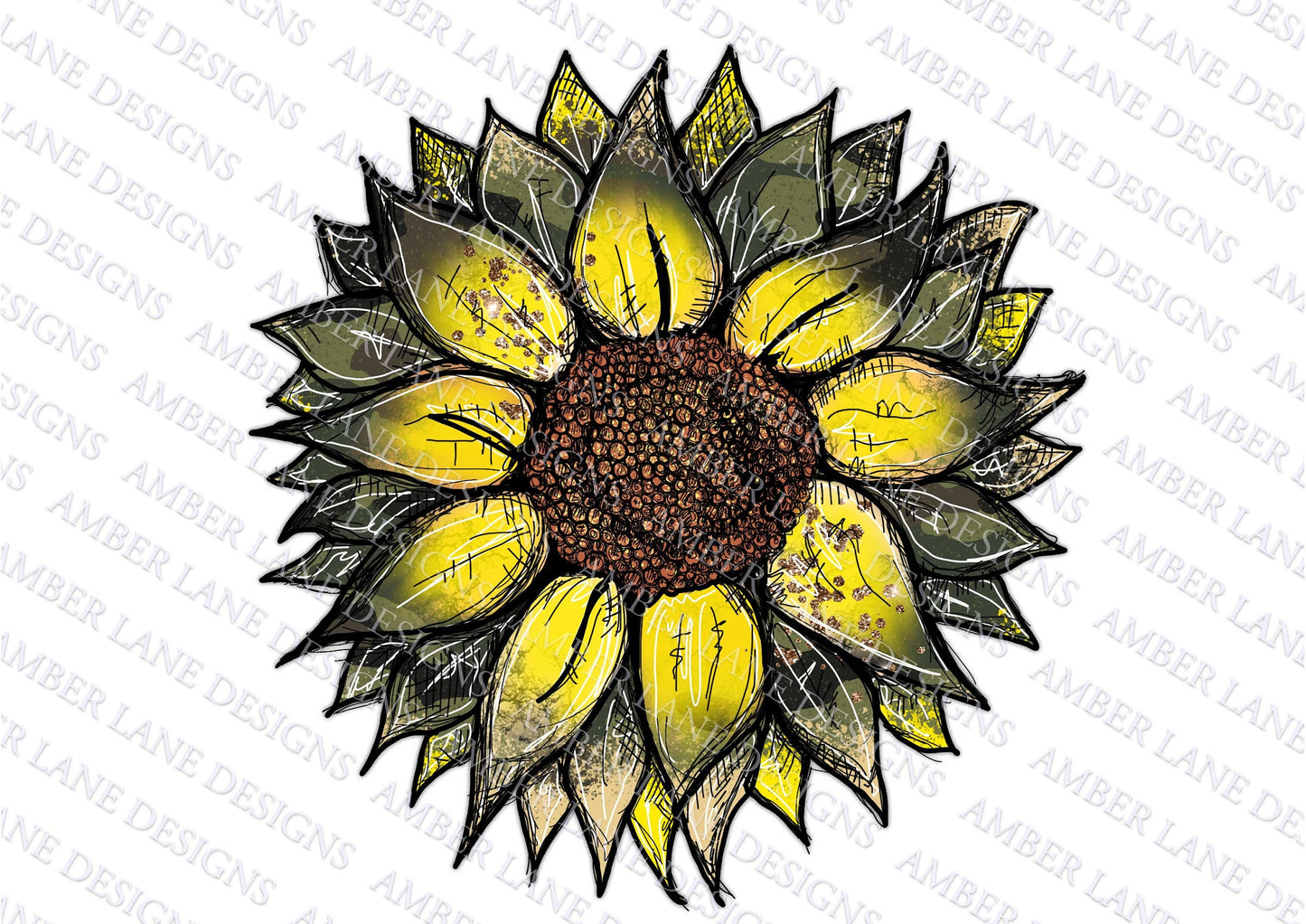 Yellow Sunflower with camouflage hand drawn PNG file