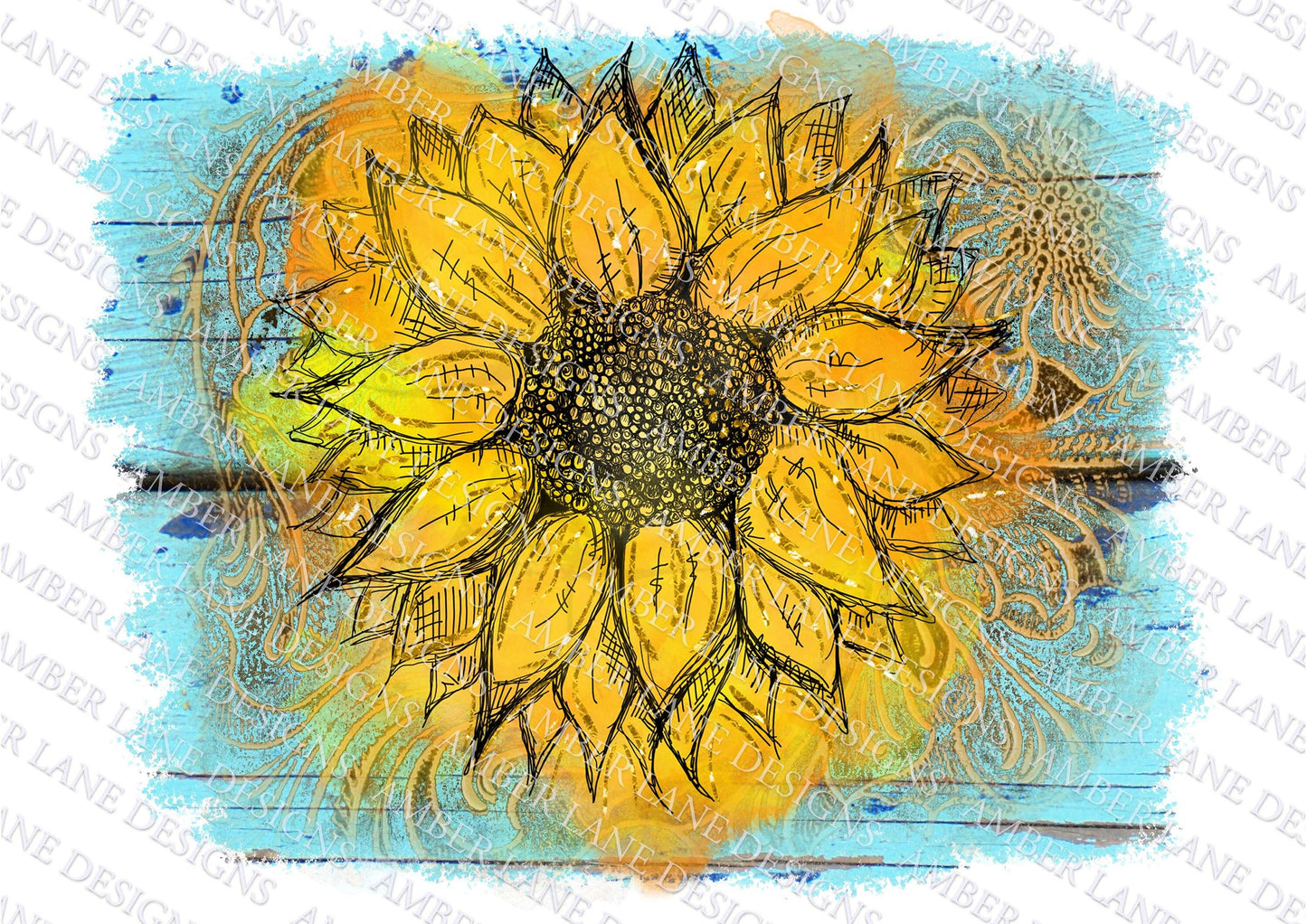 Yellow watercolor sunflower with tooled leather on Turquoise wood hand drawn PNG file (flattend image)
