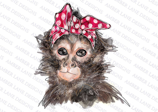 Baby Monkey with red and white polka dot bandana png file. Hand drawn watercolor sublimation png file.