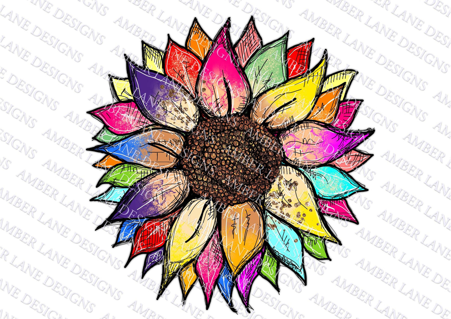 Rainbow sunflower with glitter hand drawn PNG file