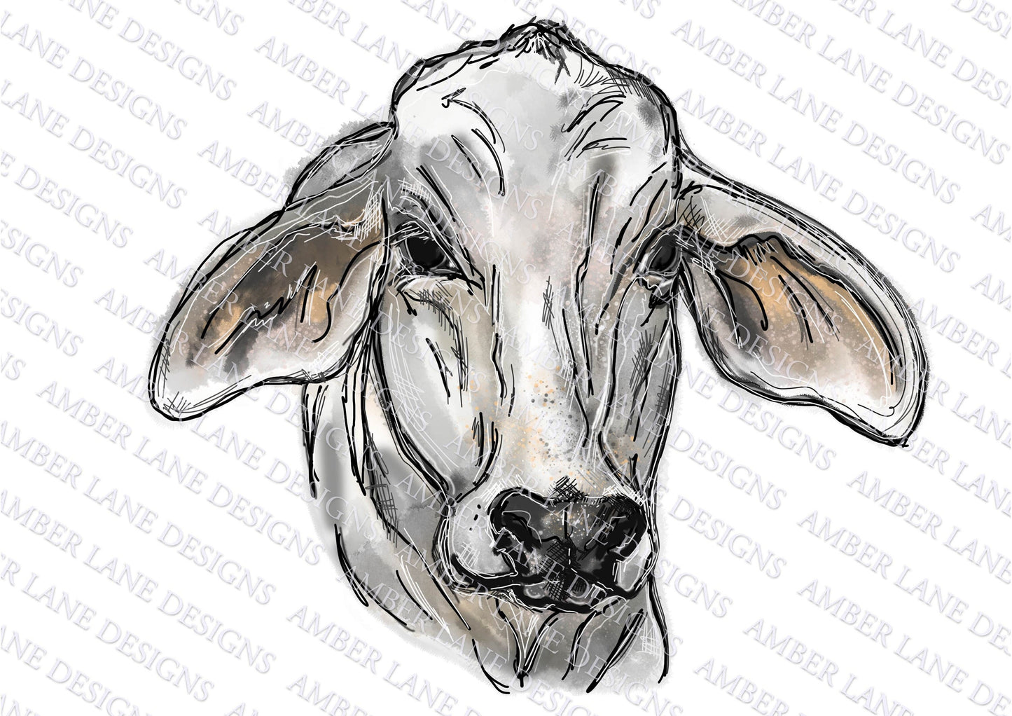 Grey Brahman Cow Hand Drawn watercolor, Sublimation PNG.