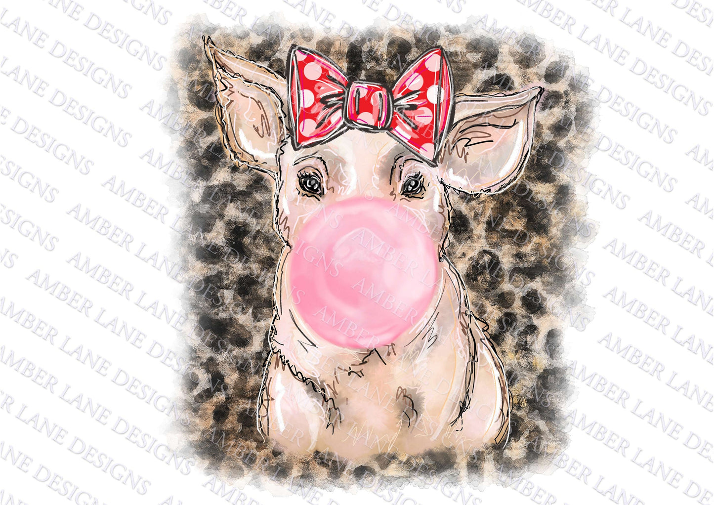 Pig with bubblegum and Red Polka Dot Bow PNG  Hand Drawn Sublimation File