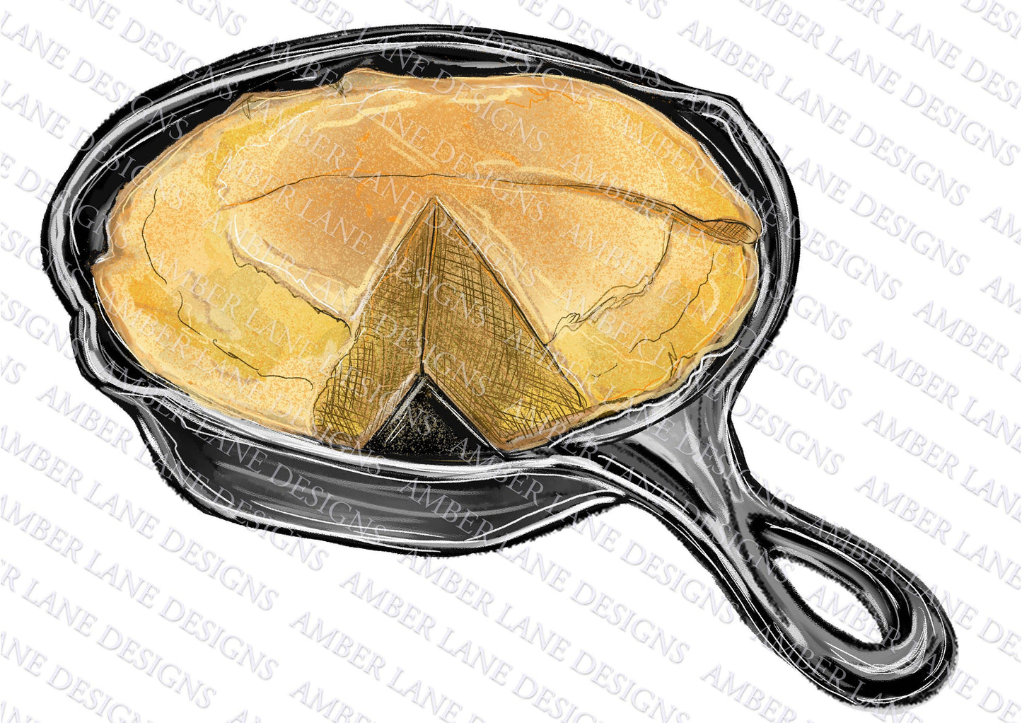 Cornbread in Cast Iron Skillet PNG hand drawn sublimation file