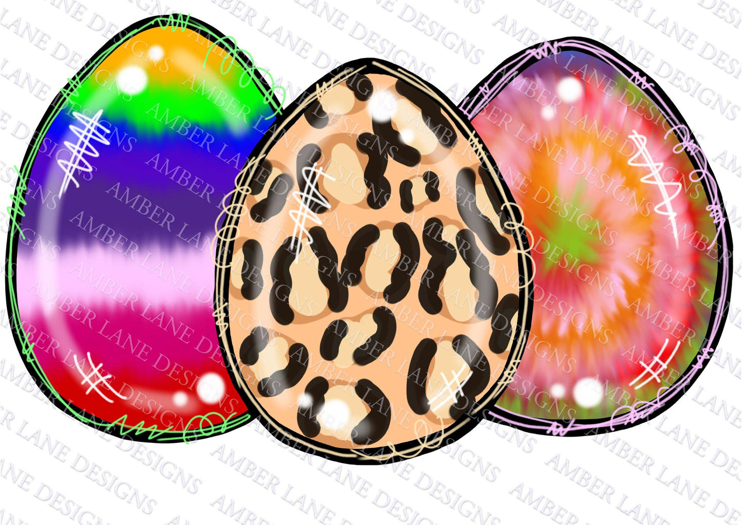 Three Easter Eggs Tie Dye, Leopard and Rainbow png file.