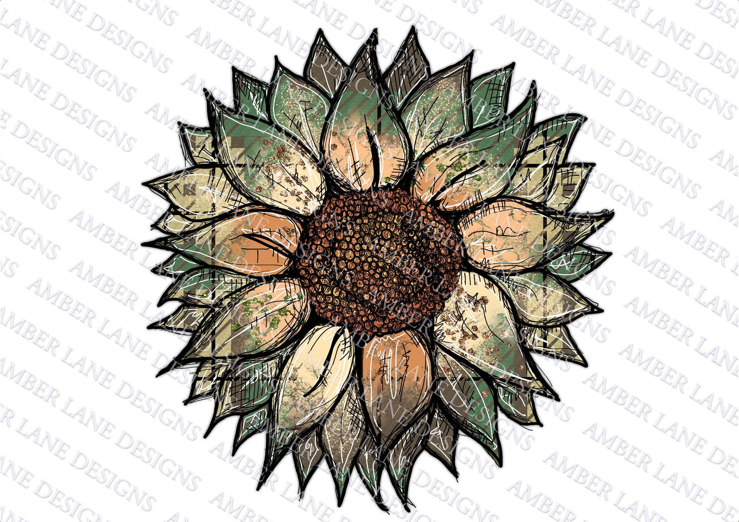Sunflower with camouflage plaid hand drawn PNG file