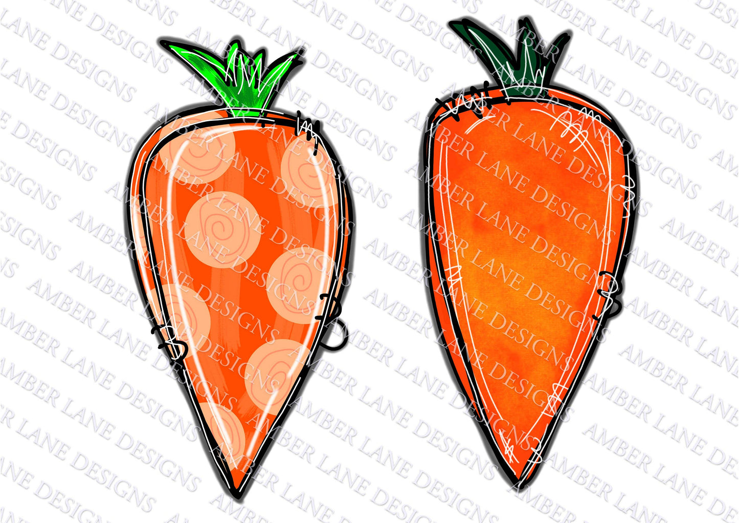 Two Orange Doodle Carrots hand drawn digital png download file