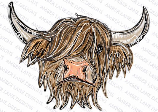 Highland Cow Doodle PNG Hand Drawn file