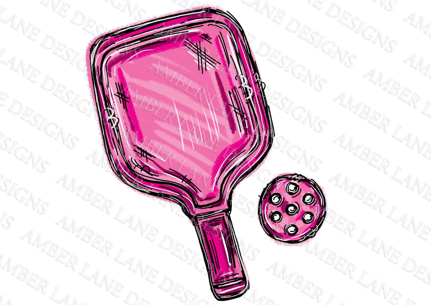 Pink Pickleball and Racket hand-drawn png file