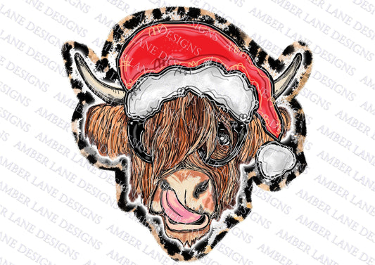 Highland Cow With Santa hat and glasses and  PNG  tumbler wrap