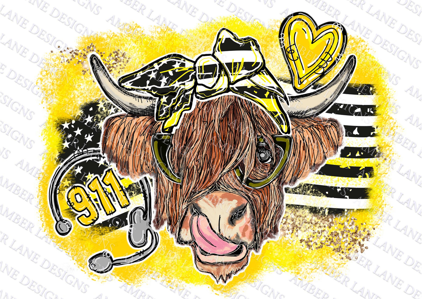 Police Dispatcher Highland Cow With Glasses and bandana png Design