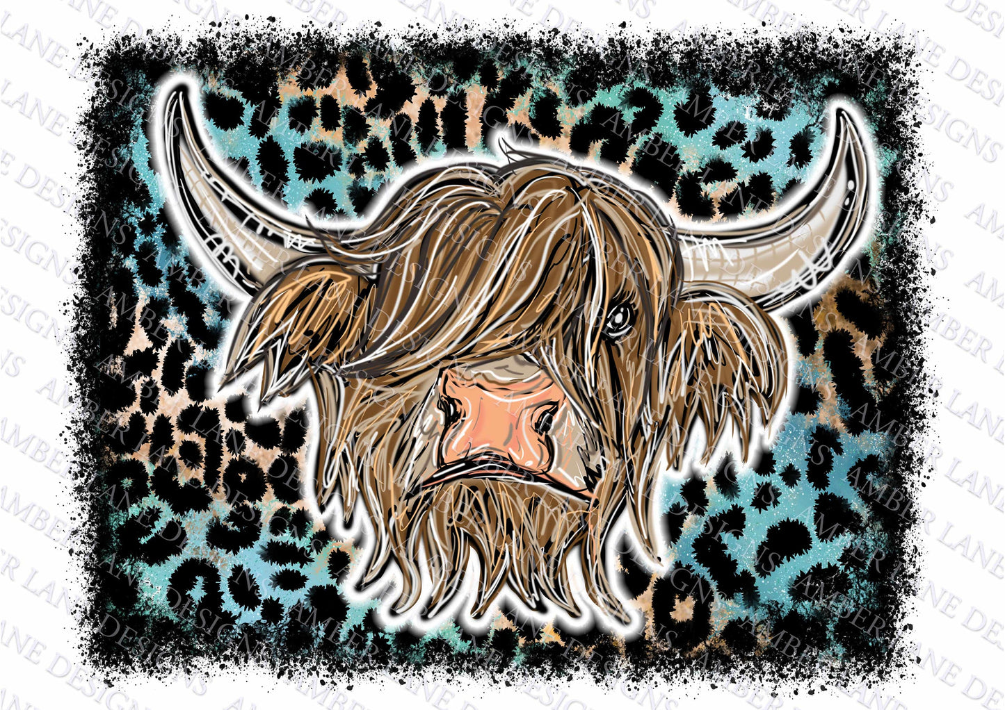 Highland Cow With leopard turquoise background png file flattened image) tumbler wrap