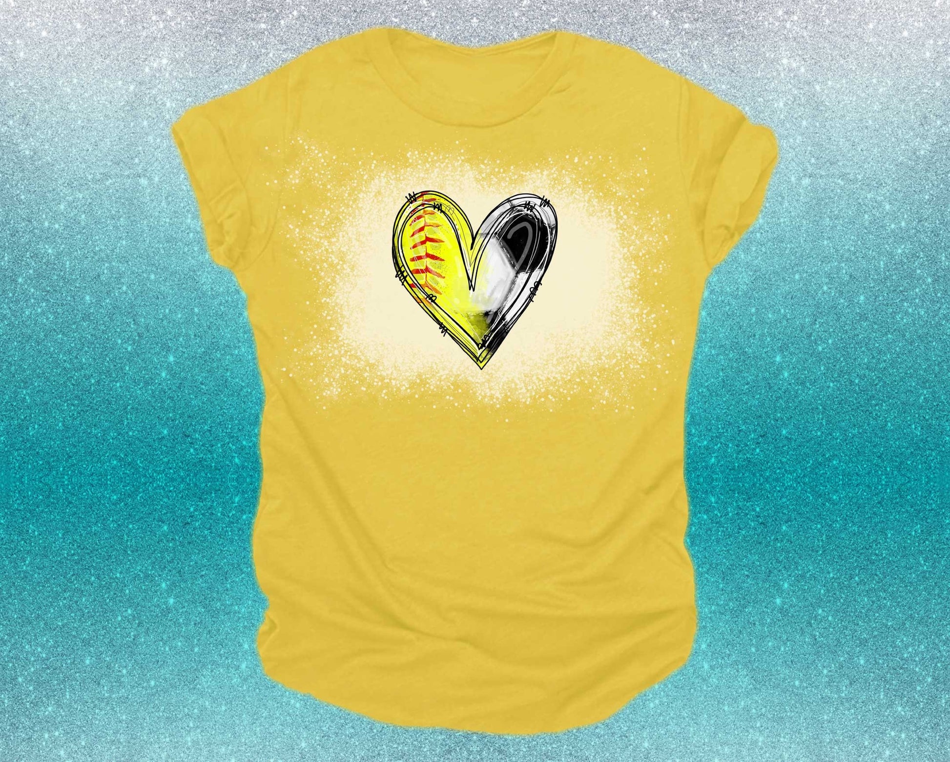 softball and soccer heart on a yellow t-shirt