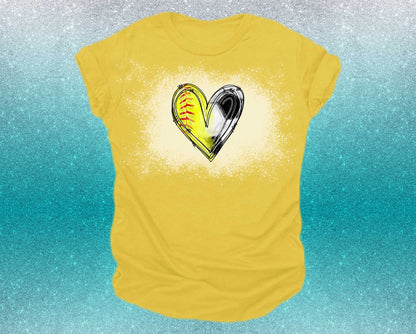 softball and soccer heart on a yellow t-shirt