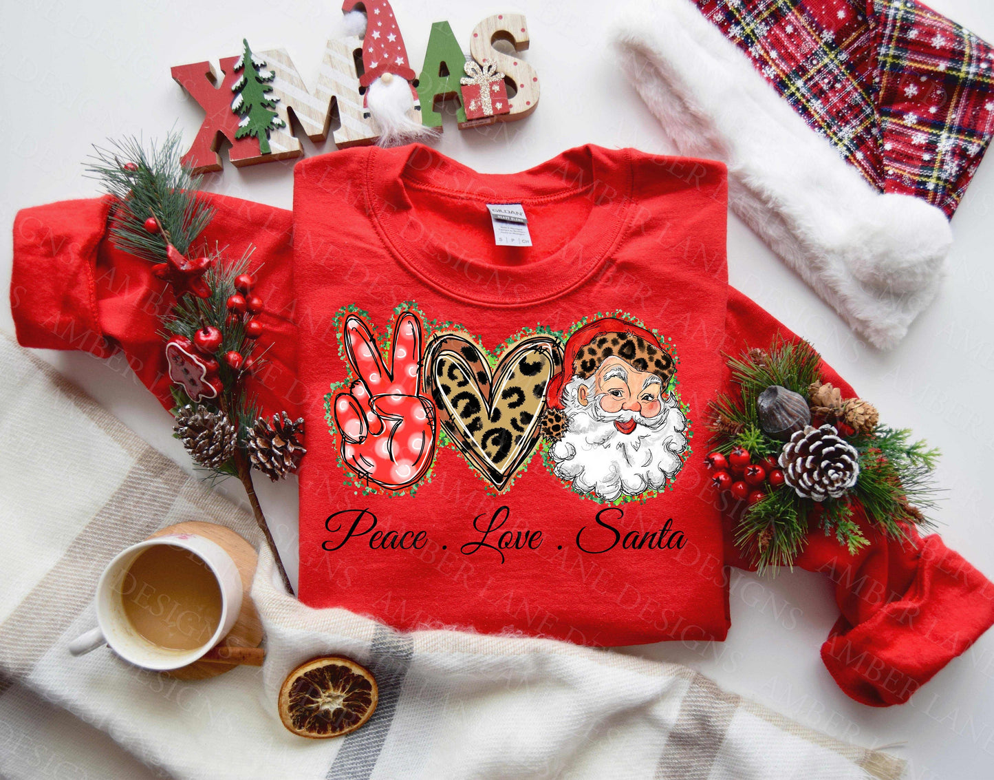 red peace love santa sweater