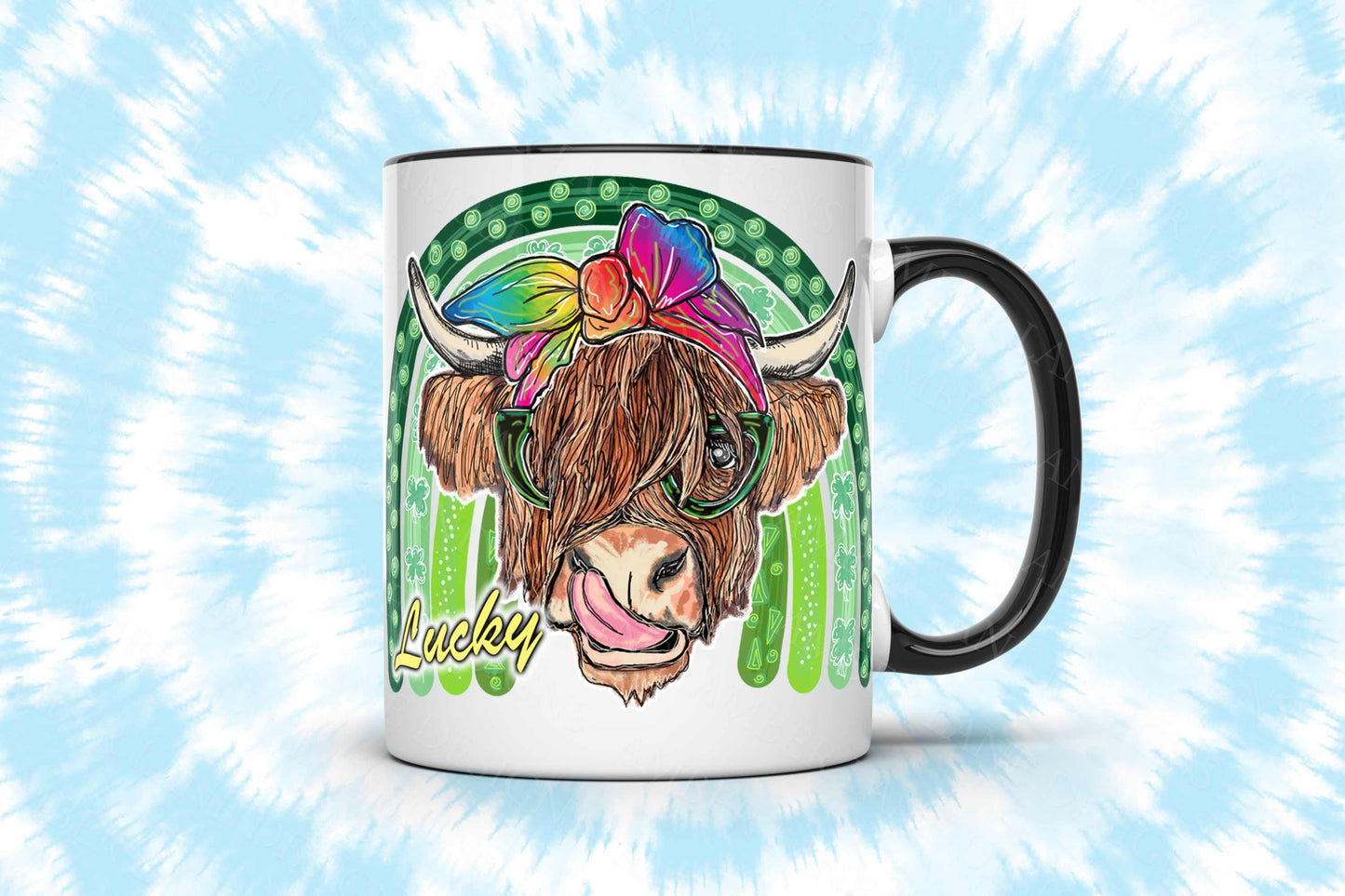 Lucky St Patricks Highland Cow  with lucky on rainbow bandana and glasses PNG