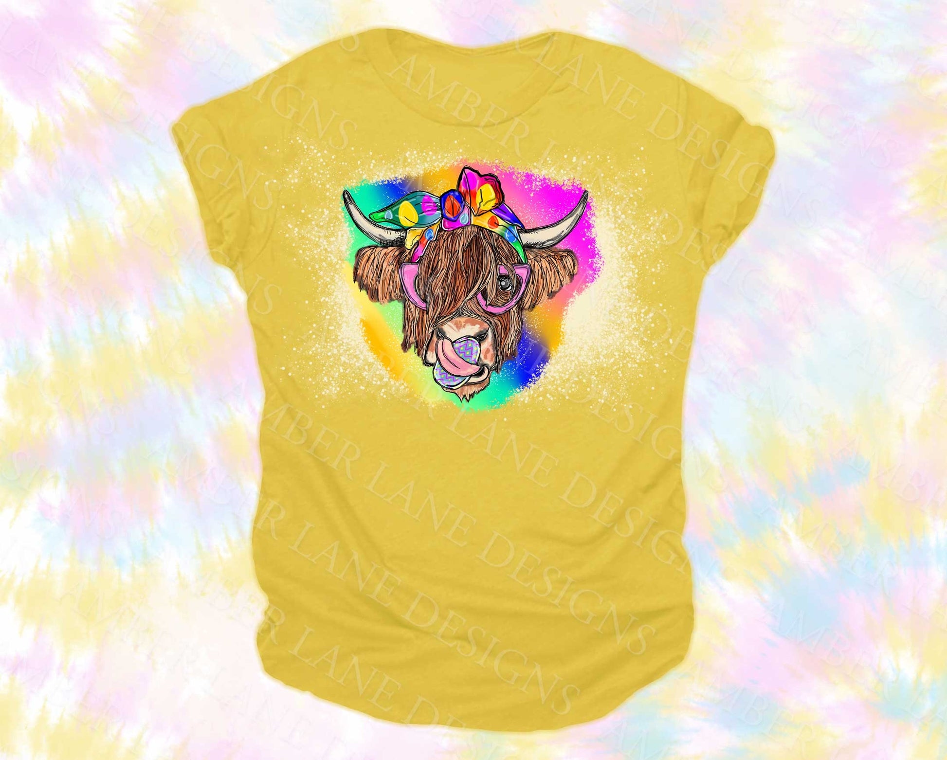 highland cow with rainbow bandana glasses and cow lick on yellow t-shirt