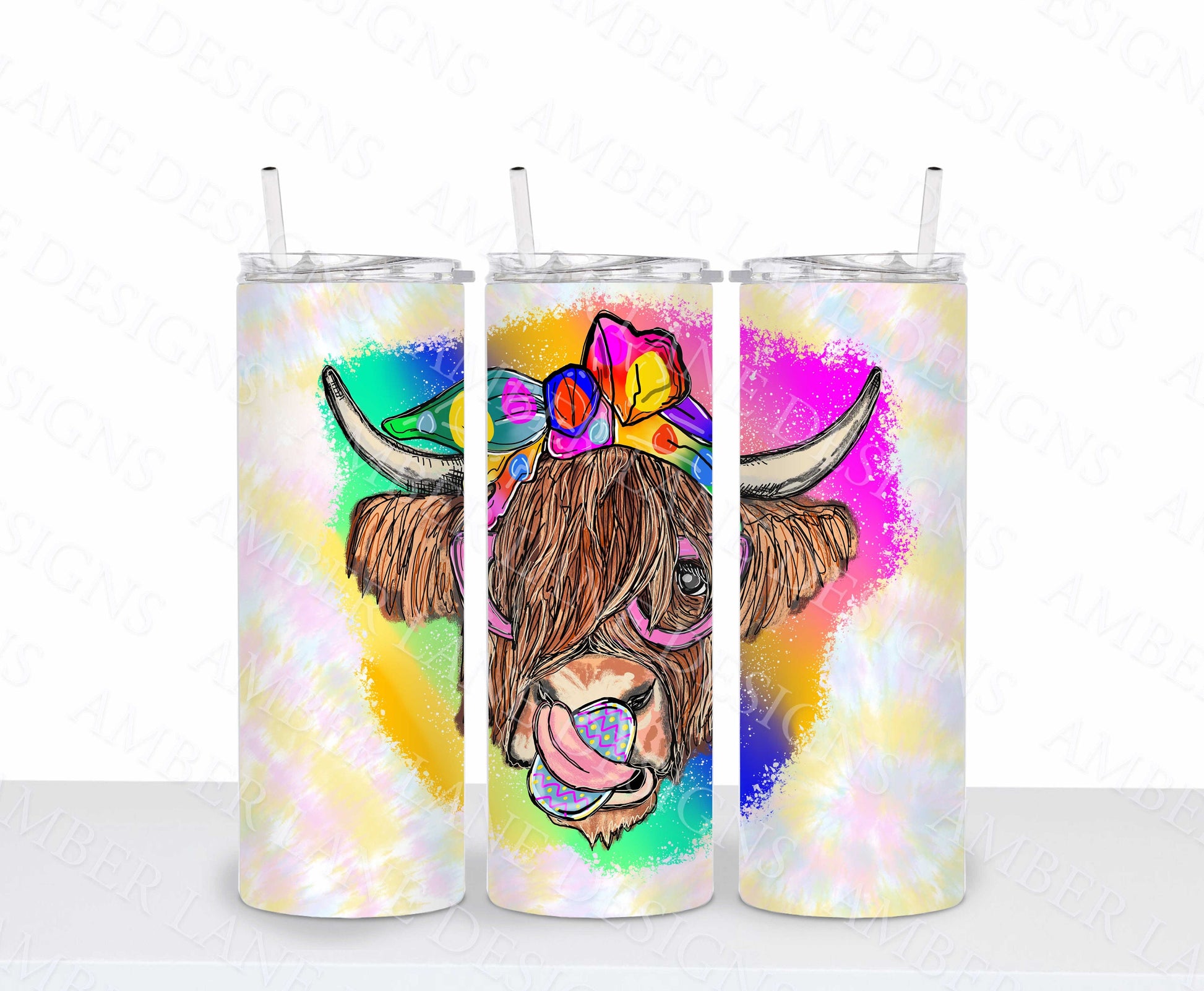 Easter highland cow with rainbow bandana and easter egg on tie dye tumblers