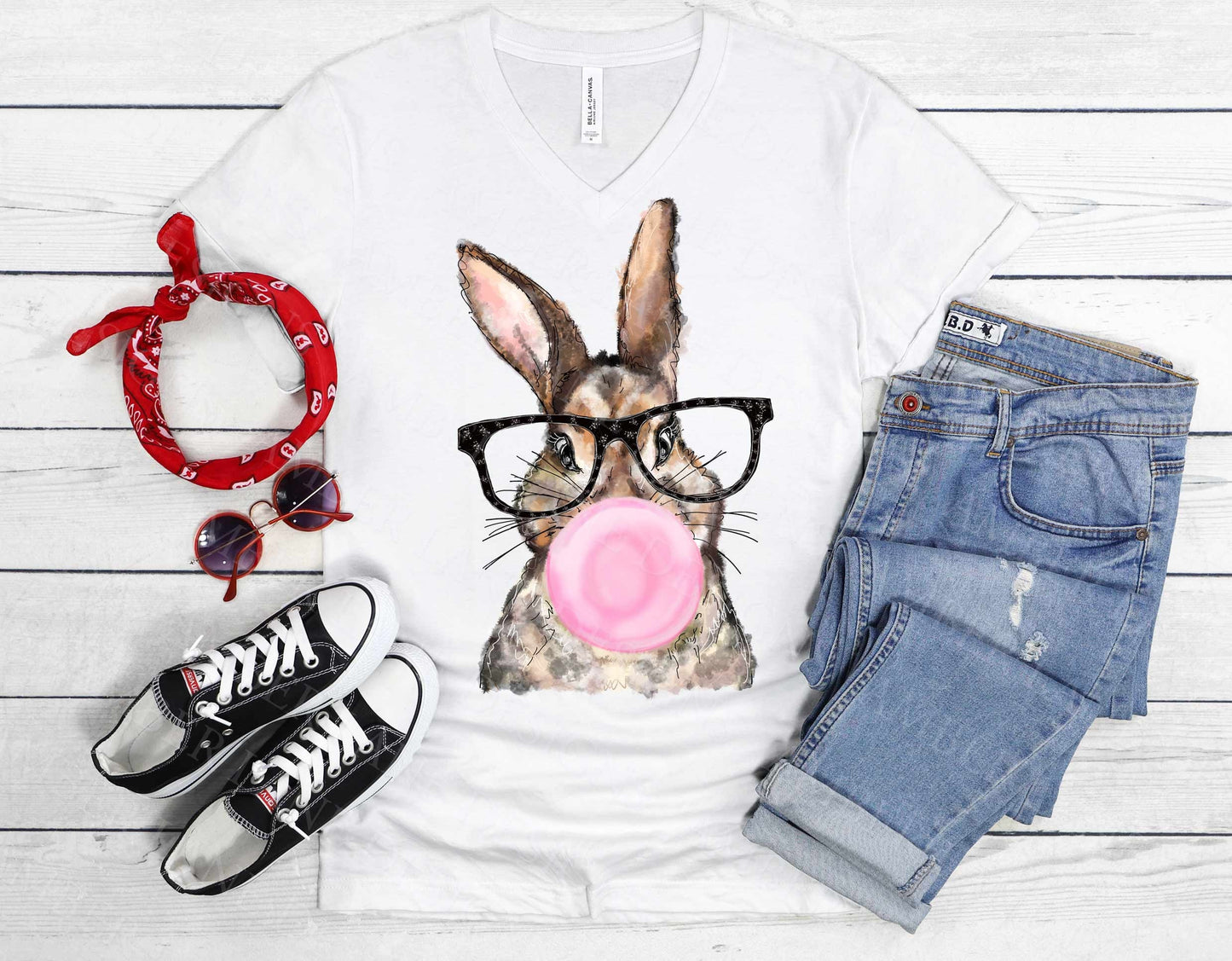 Bunny with glasses & bubblegum PNG | Sublimation |Hand painted Watercolor| |