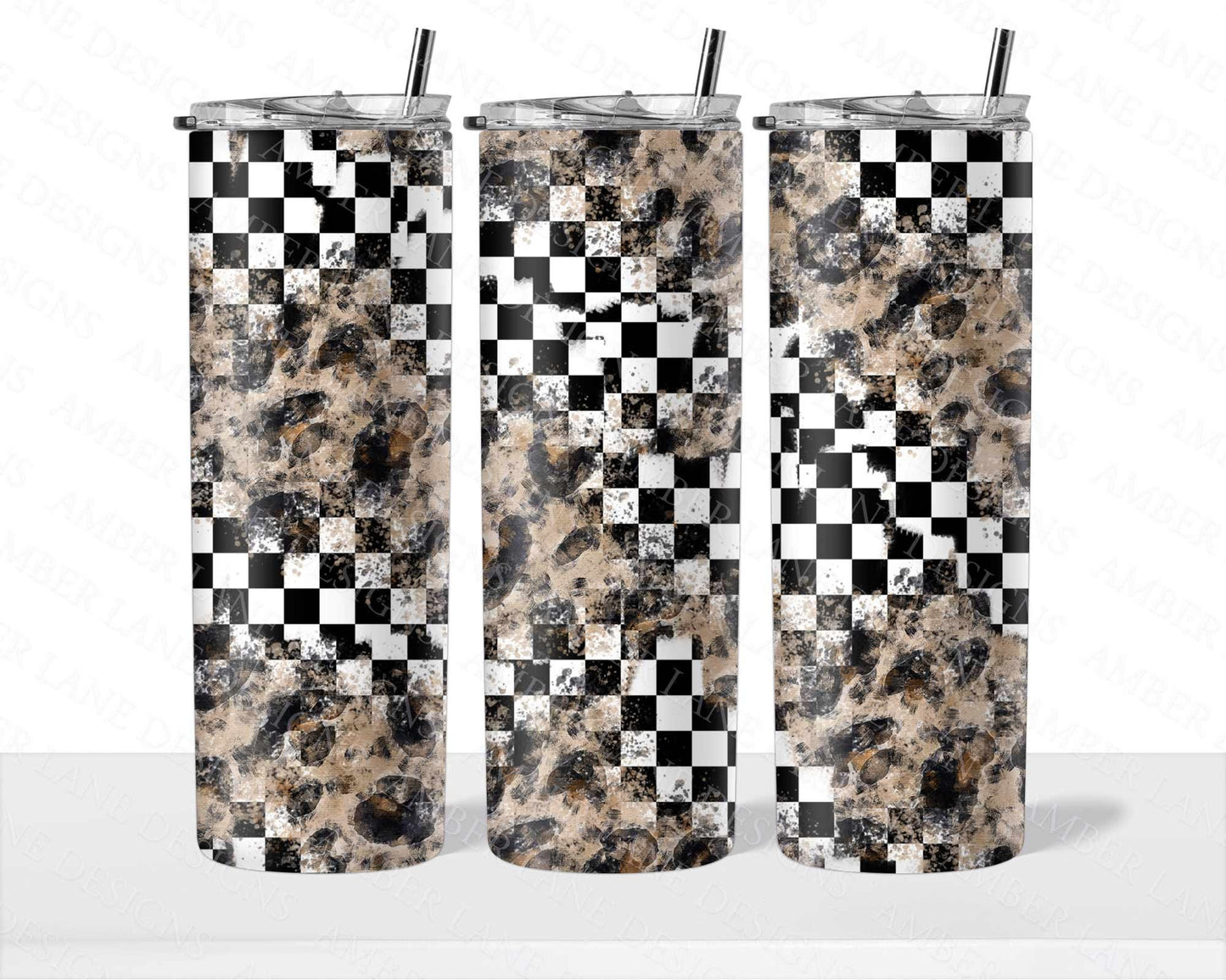 Black and White check leopard racing  20oz SKINNY TUMBLER straight wrap 1 jpeg file