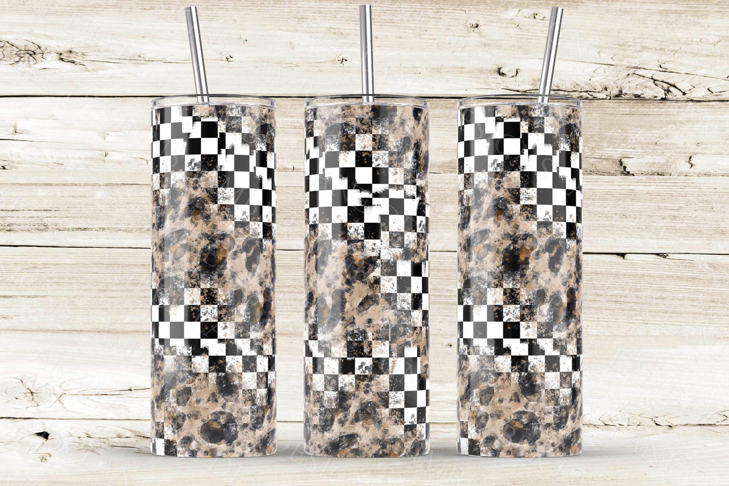 Black and White check leopard racing  20oz SKINNY TUMBLER straight wrap 1 jpeg file