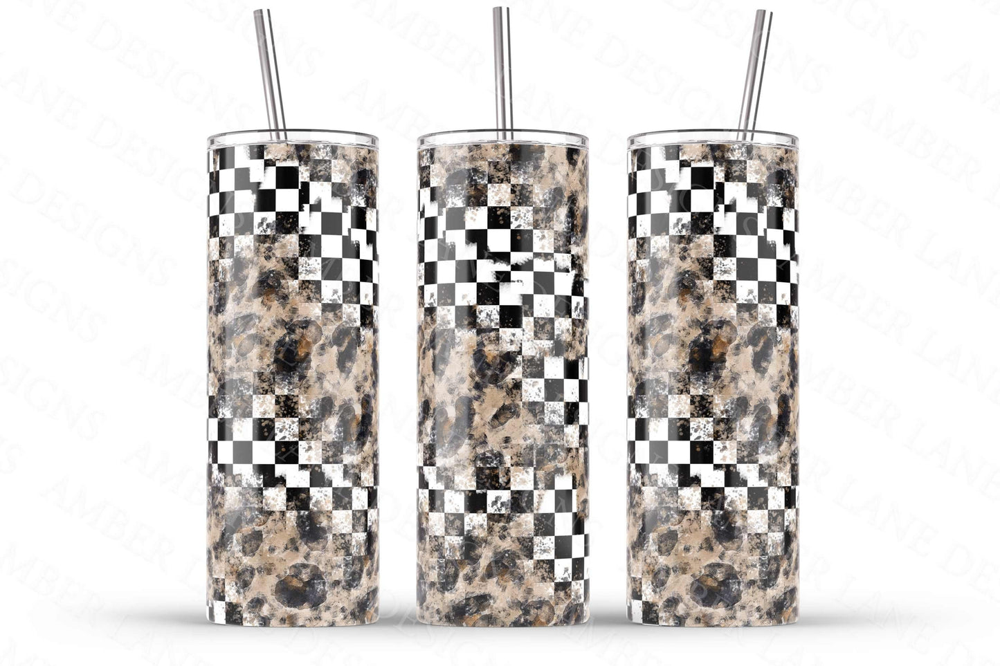 Black and White check leopard racing  20oz SKINNY TUMBLER straight wrap 1 jpeg file