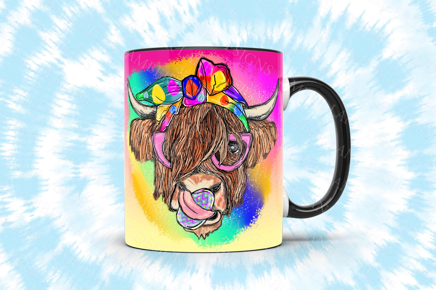 easter highland cow on rainbow mug