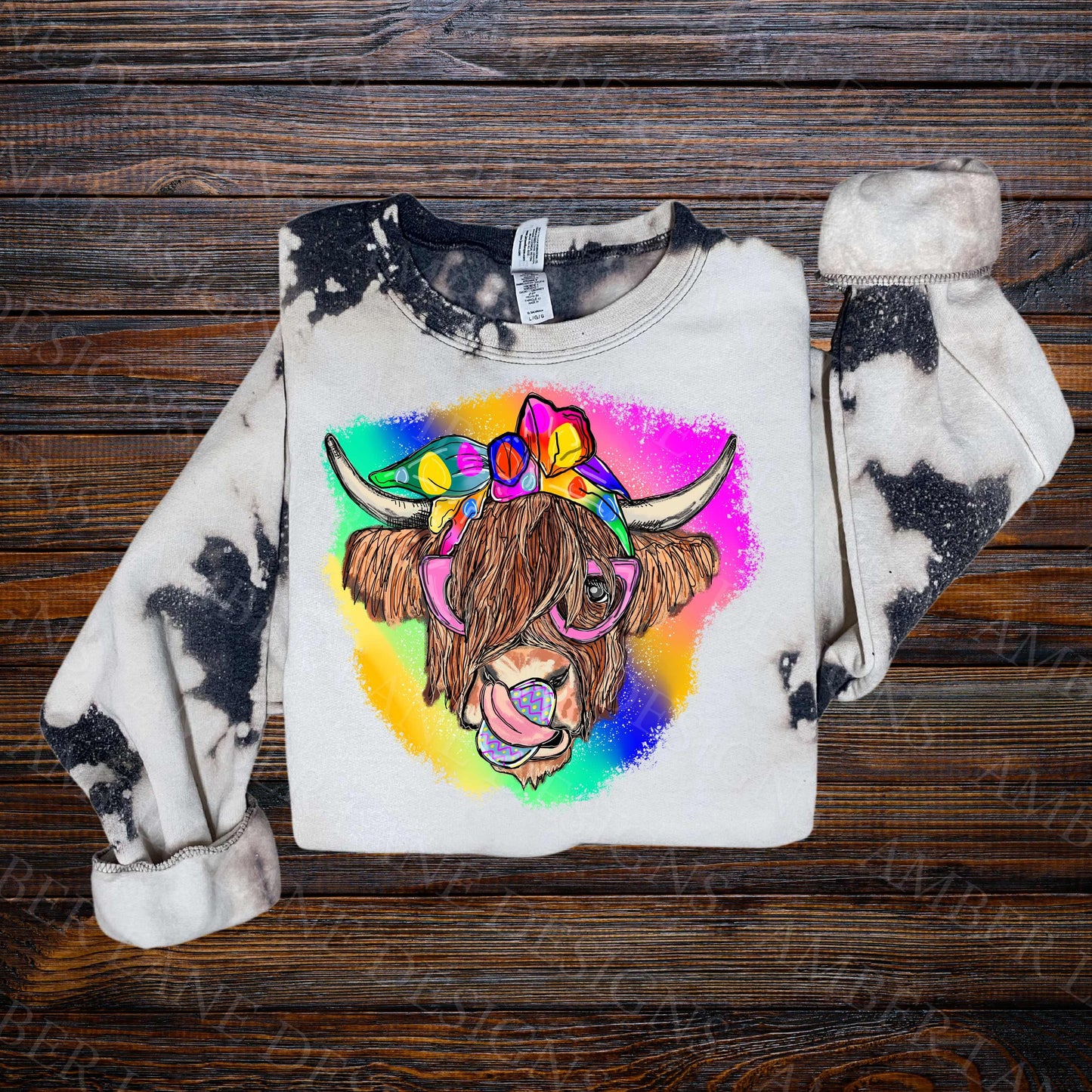 easter highland cow on bleached sweater