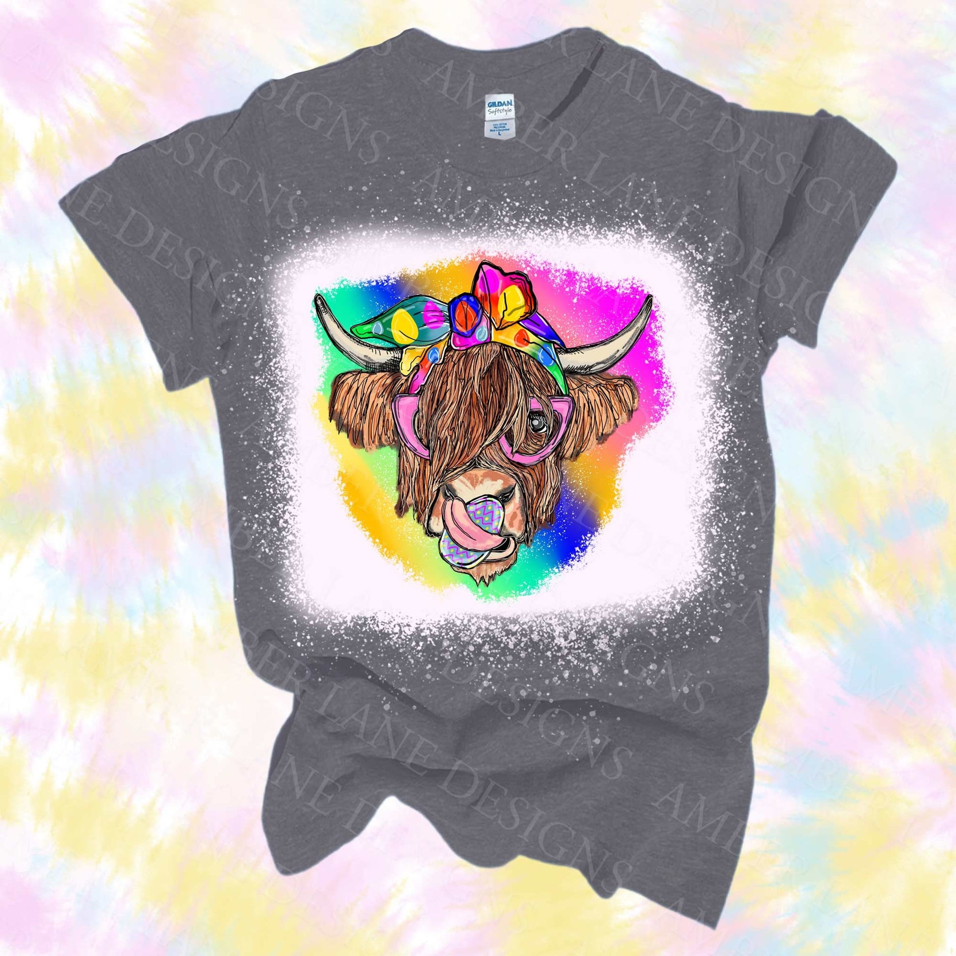 easter highland cow on bleached tee