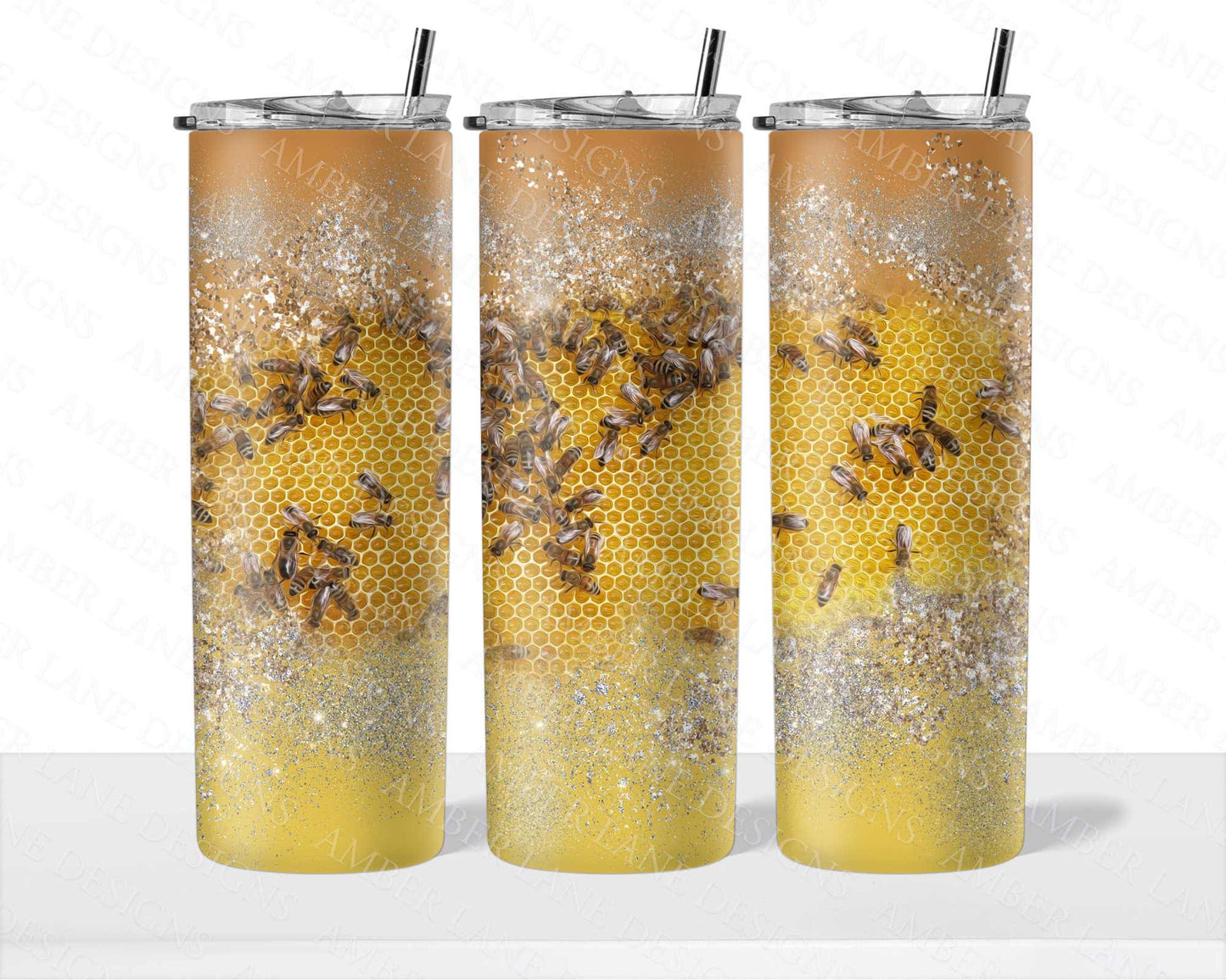 Bumble bee and honeycomb glitter 20oz SKINNY TUMBLER straight wrap 1 jpeg file (not seamless)