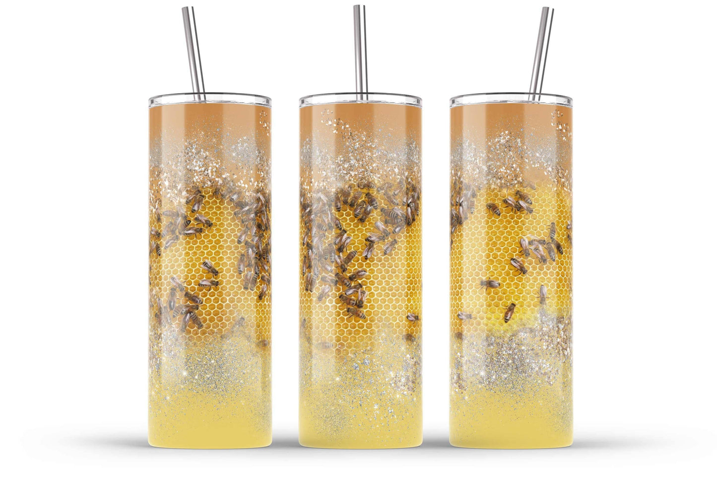 Bumble bee and honeycomb glitter 20oz SKINNY TUMBLER straight wrap 1 jpeg file (not seamless)