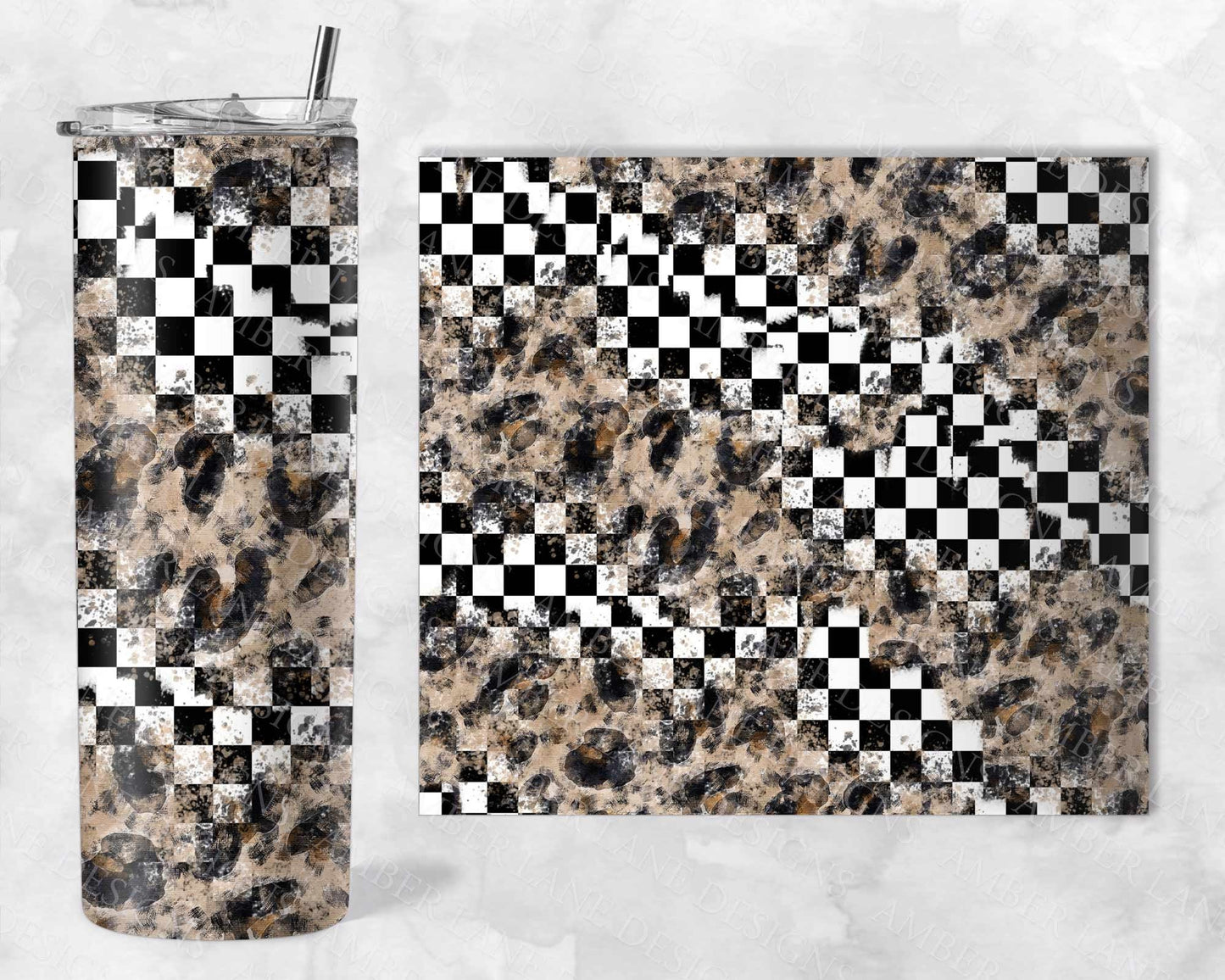 Black and White check leopard racing  20oz SKINNY TUMBLER straight wrap 1 jpeg file