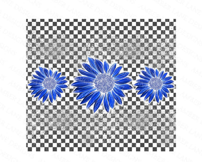 Blue retro Sunflowers on checkered background 20oz SKINNY TUMBLER straight wrap 1 jpeg file