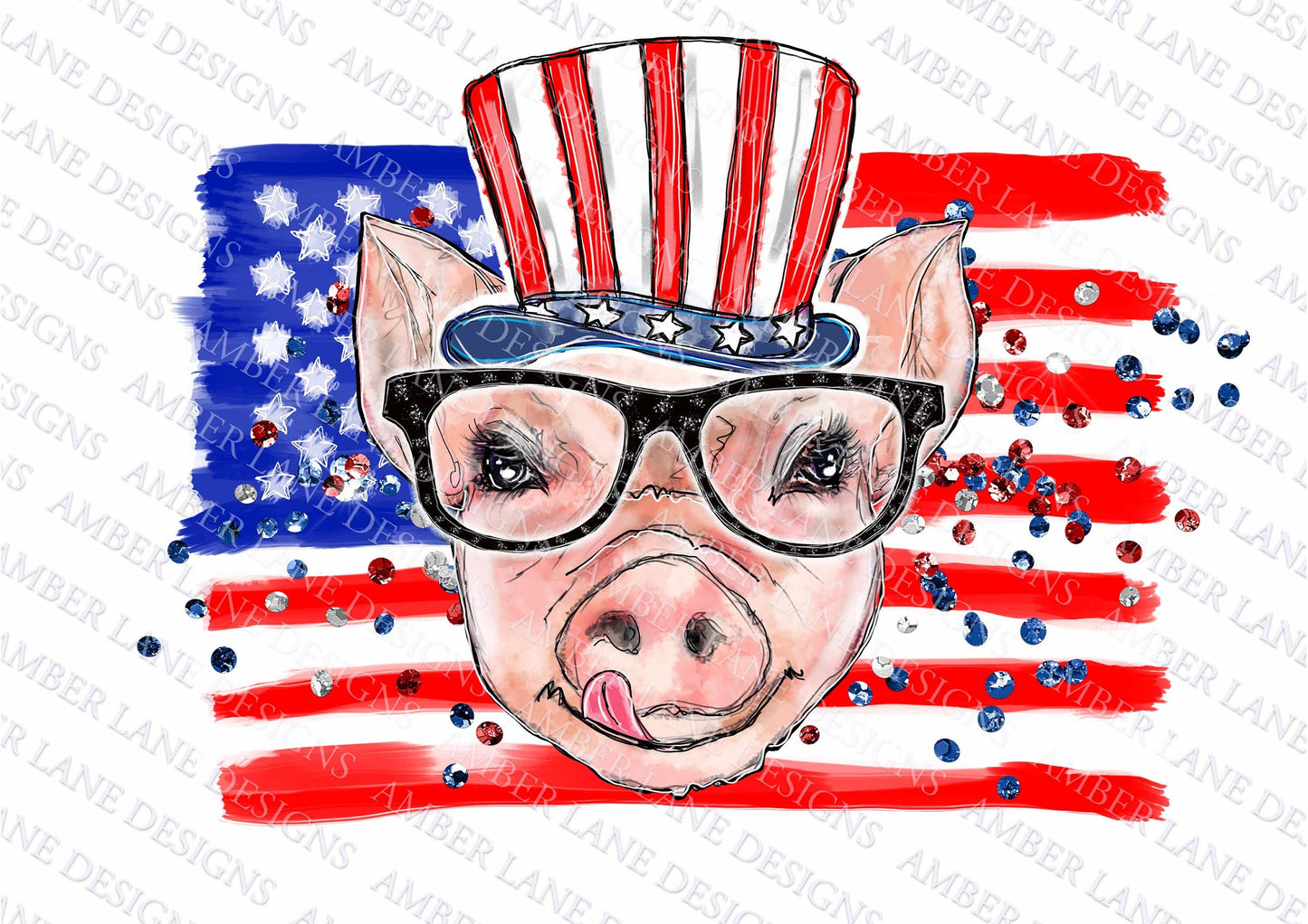 Cute pig with uncle sam hat and glasses USA 4th of July PNG file