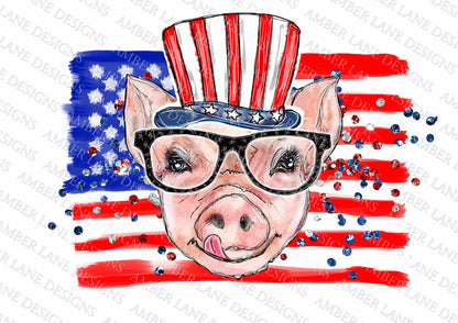 Cute pig with uncle sam hat and glasses USA 4th of July PNG file