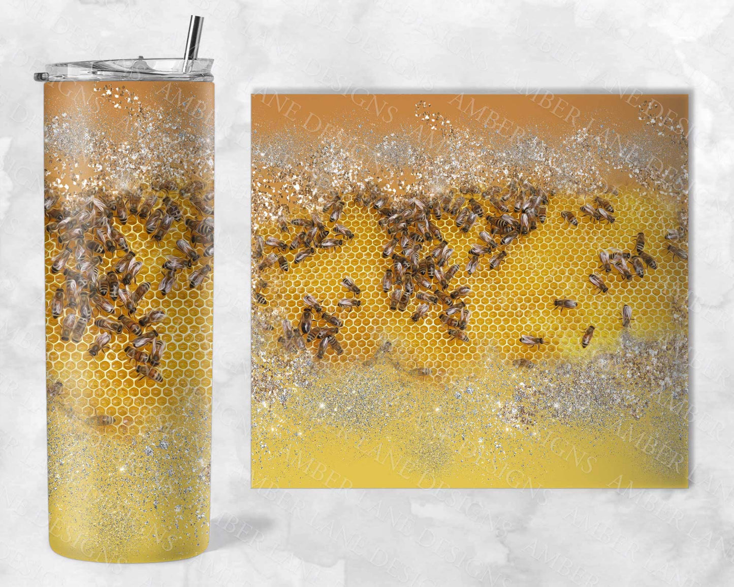 Bumble bee and honeycomb glitter 20oz SKINNY TUMBLER straight wrap 1 jpeg file (not seamless)