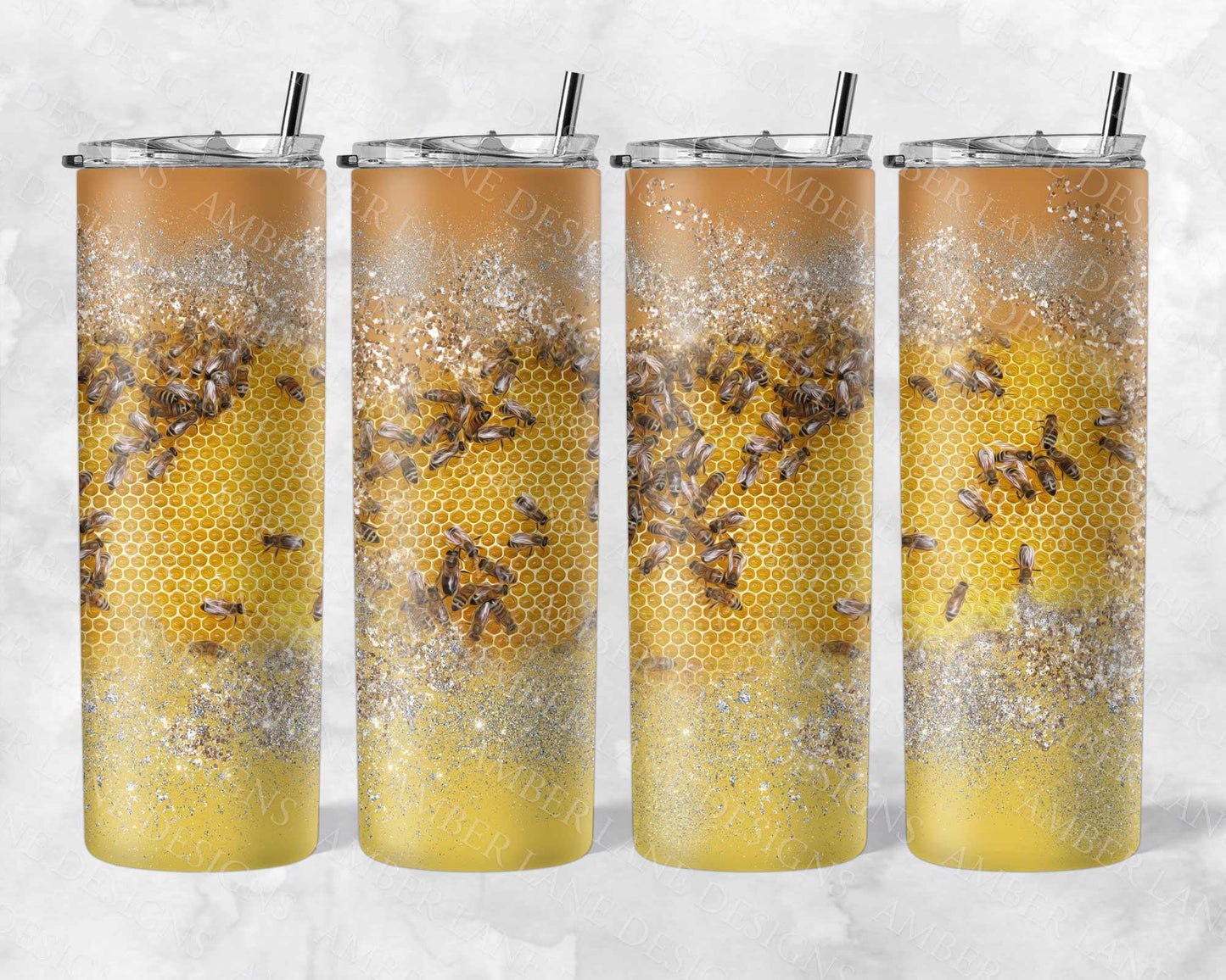 Bumble bee and honeycomb glitter 20oz SKINNY TUMBLER straight wrap 1 jpeg file (not seamless)