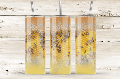 Bumble bee and honeycomb glitter 20oz SKINNY TUMBLER straight wrap 1 jpeg file (not seamless)