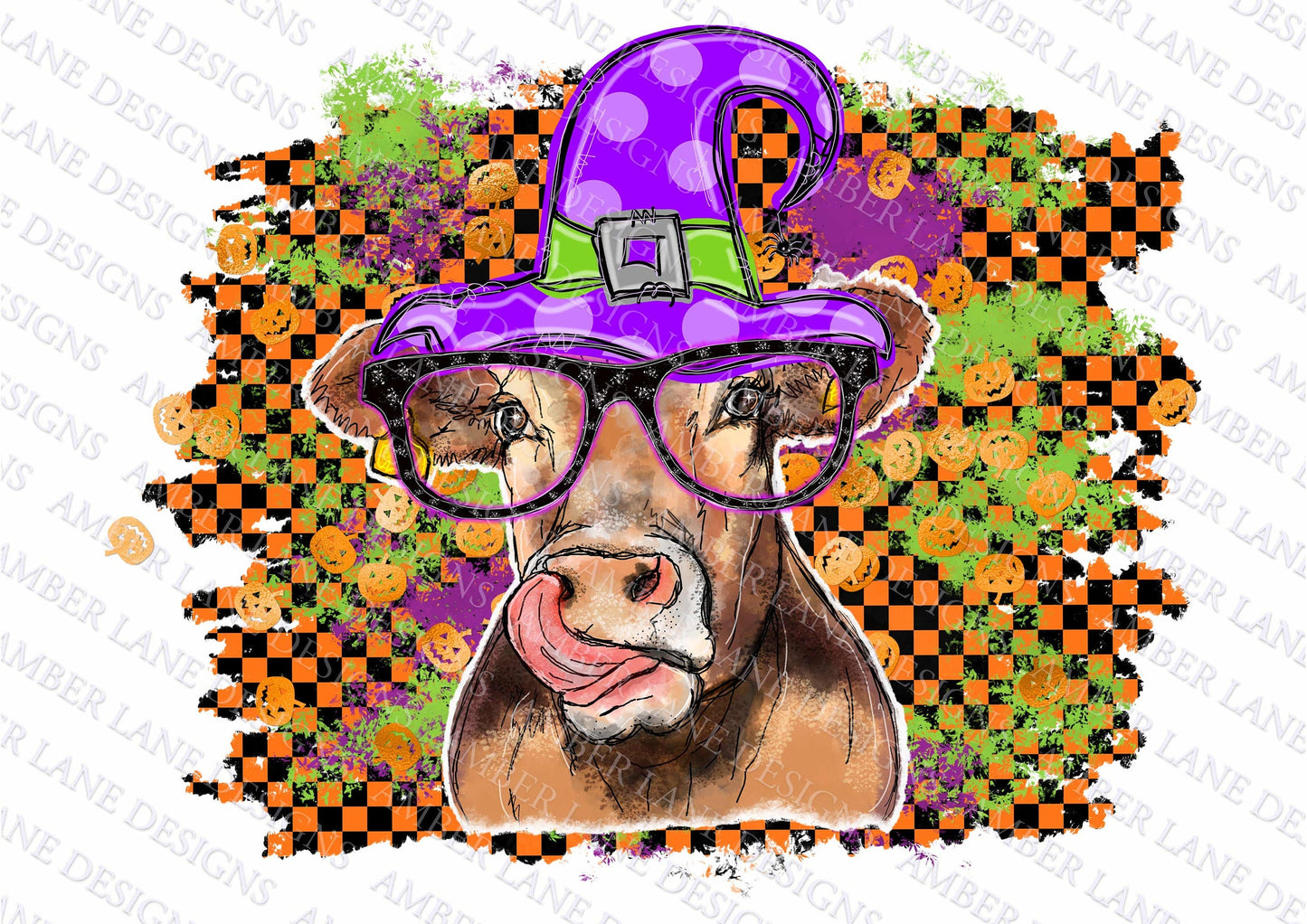 Moo-lignant Magic: Cow with Purple Halloween Witch's Hat Haunted Pastures Udderly Bewitched Spooktacular Grazing