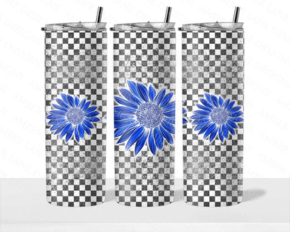 Blue retro Sunflowers on checkered background 20oz SKINNY TUMBLER straight wrap 1 jpeg file