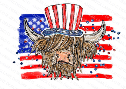 Highland cow with uncle sam hat USA 4th of July PNG file