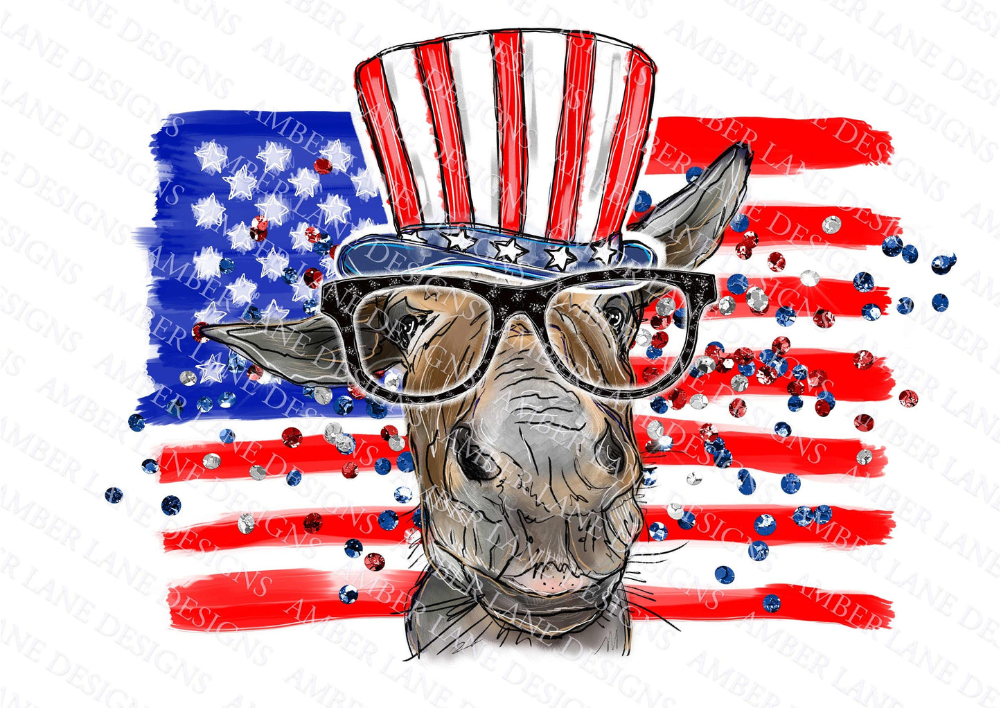 Donkey with uncle sam hat and glasses USA 4th of July PNG file