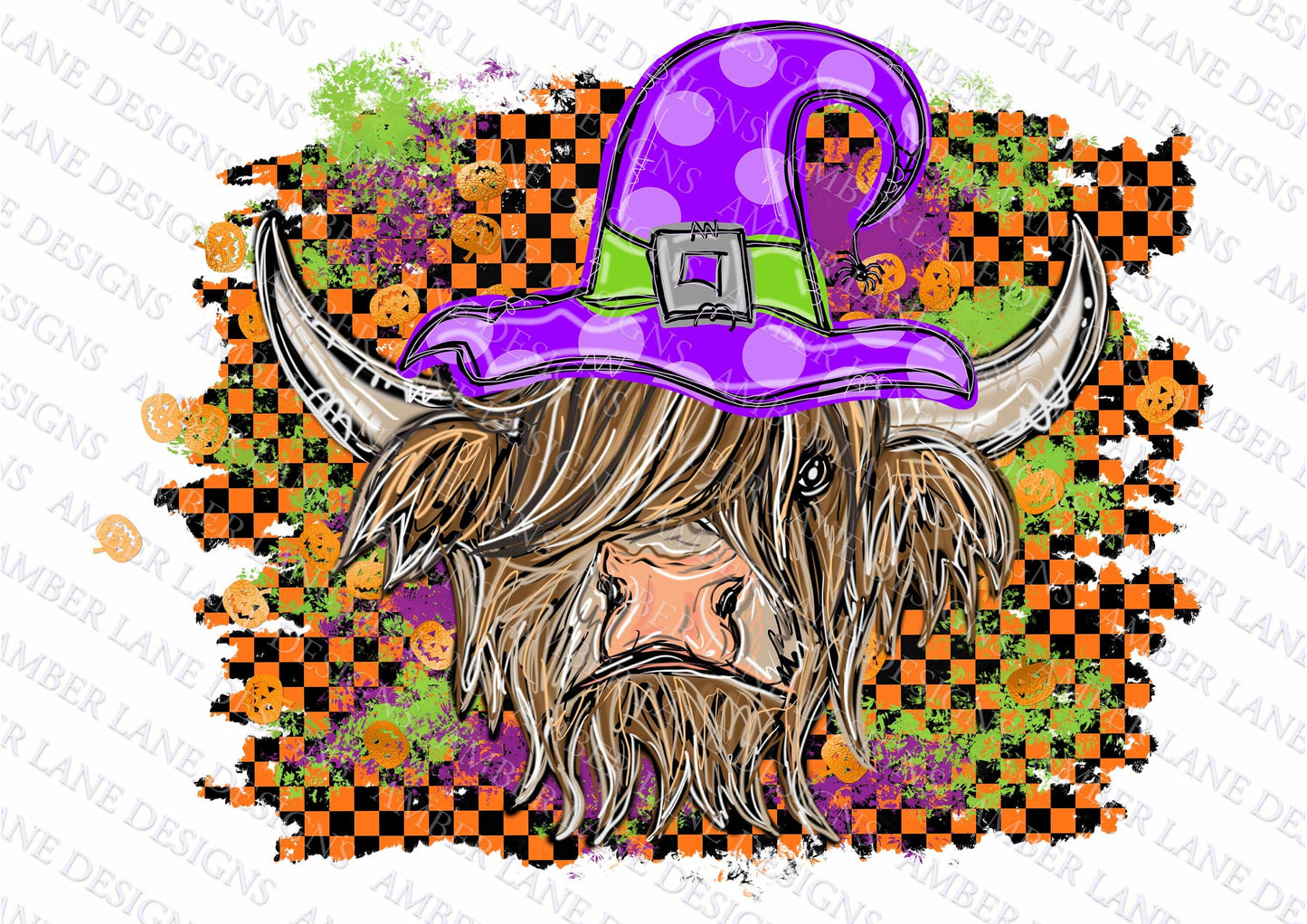 Highland Cow with Purple Halloween Witches hat  PNG file