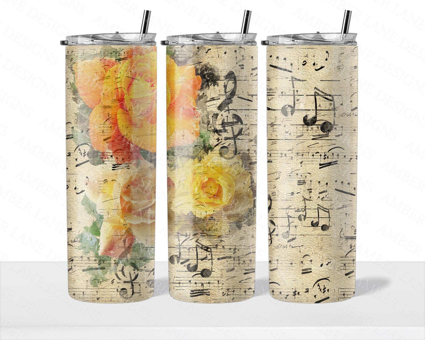 Vintage Music notes with Orange and Yellow roses 20oz SKINNY TUMBLER straight wrap 1 jpeg file