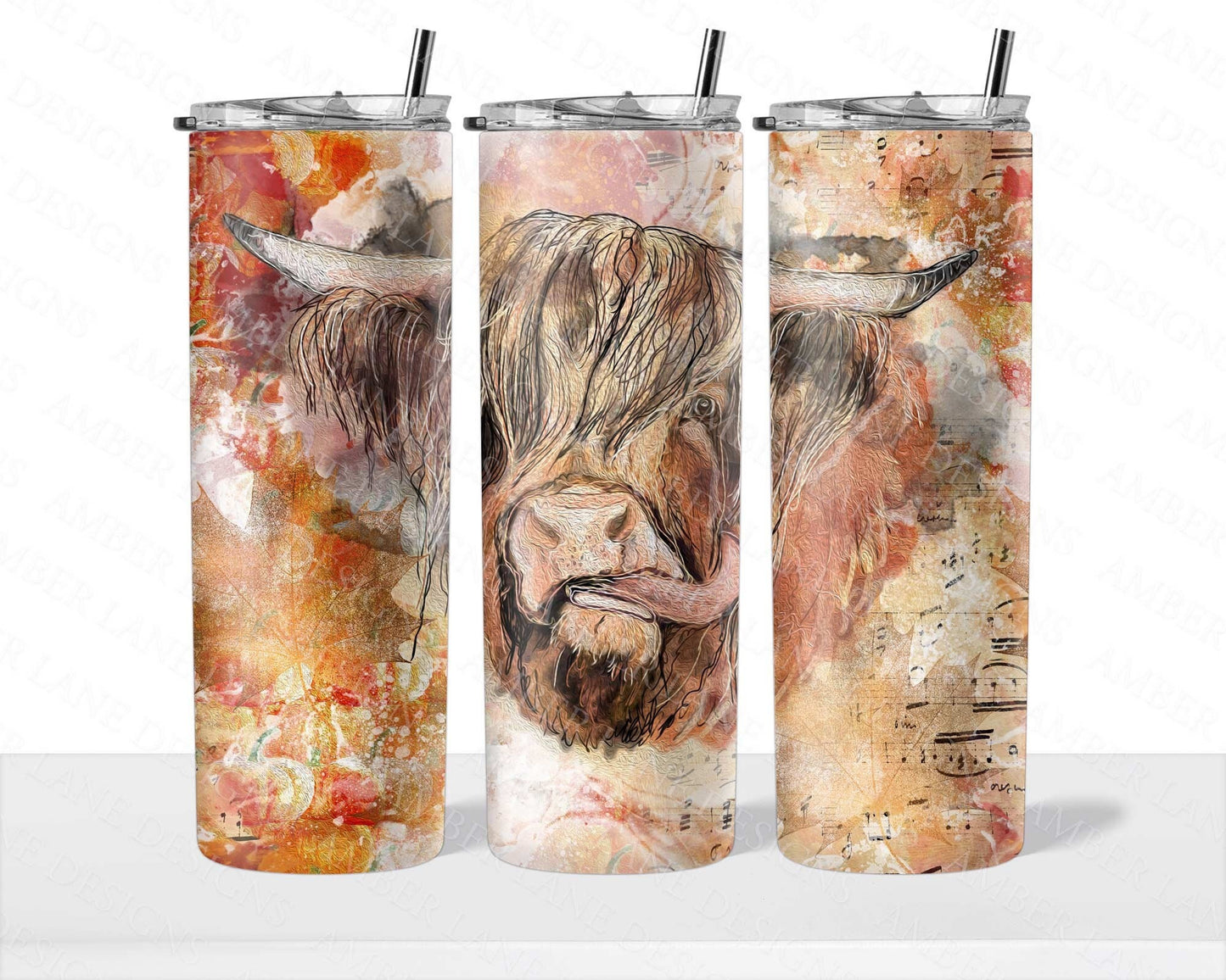 Fall Highland Cow with Maple Leafs 20oz SKINNY TUMBLER straight wrap 1 jpeg file
